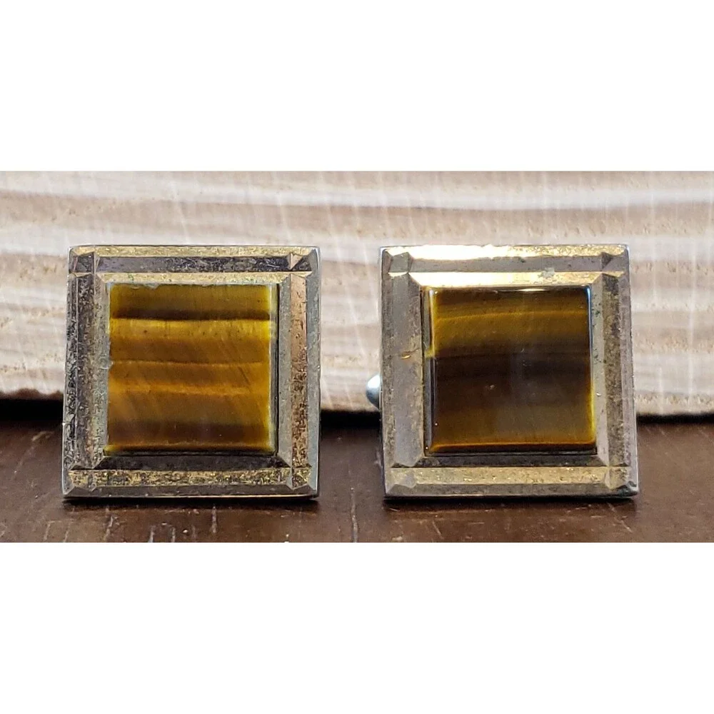 Vtg Swank Gold Brown Striations Stone Mounted, Gold Tone Metal Square Cuff Links